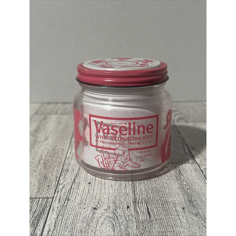 Rare Vtg 1950s Pink VASELINE Nursery Plastic Jar W/Metal Lid 8oz ANIMALS Empty
